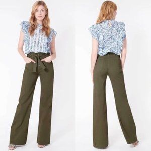 Veronica Beard Rosanna Corset Cotton Wide Leg Paperbag Pants Army Green